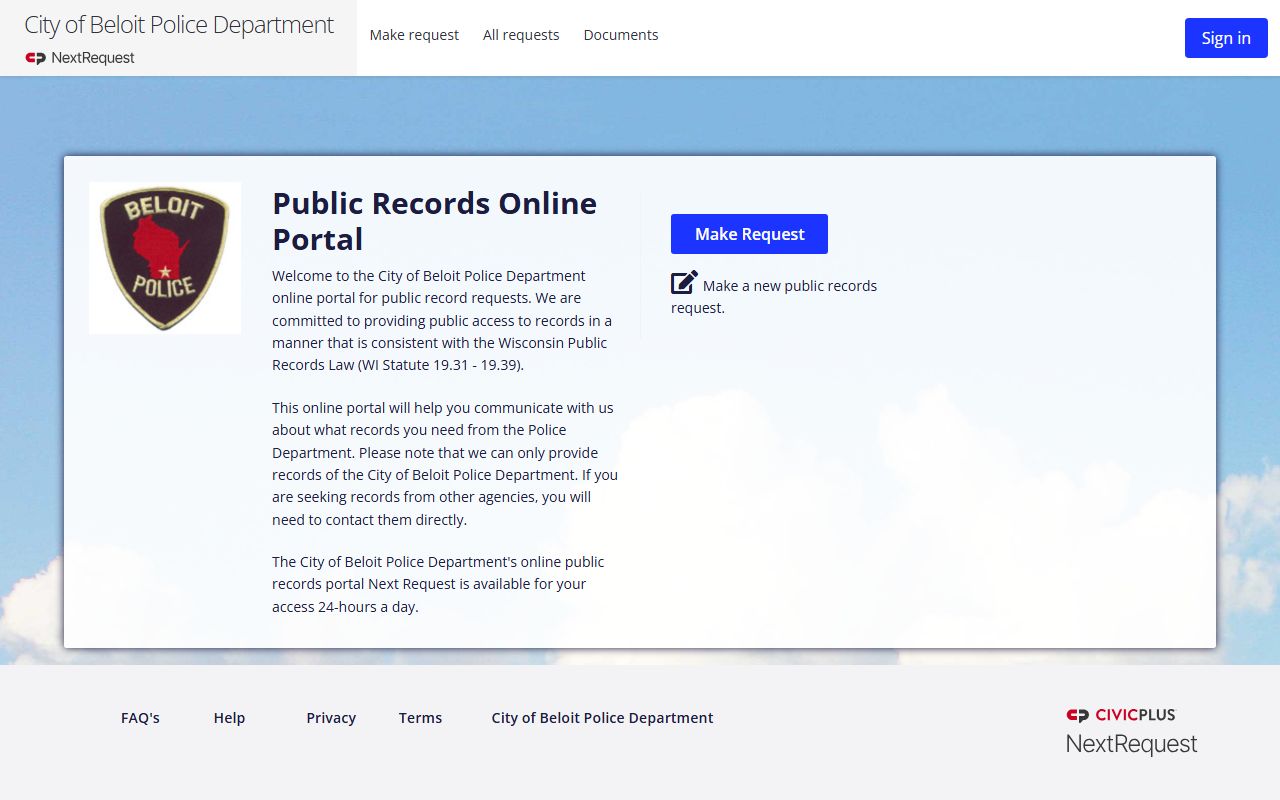 Beloit Public Records police NextRequest portal