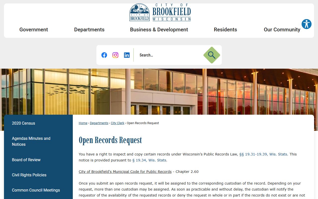 Brookfield City Public Records open records request page