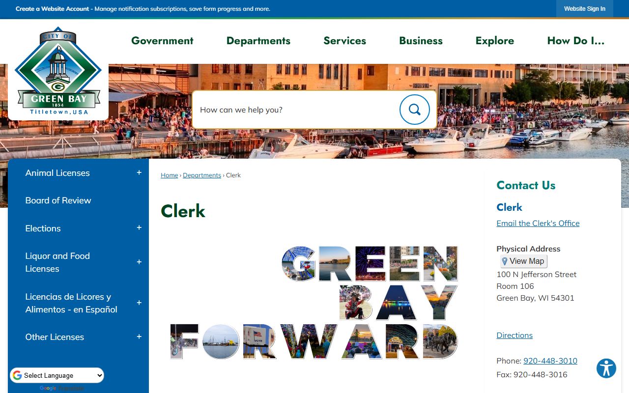 Green Bay Public Records city clerk