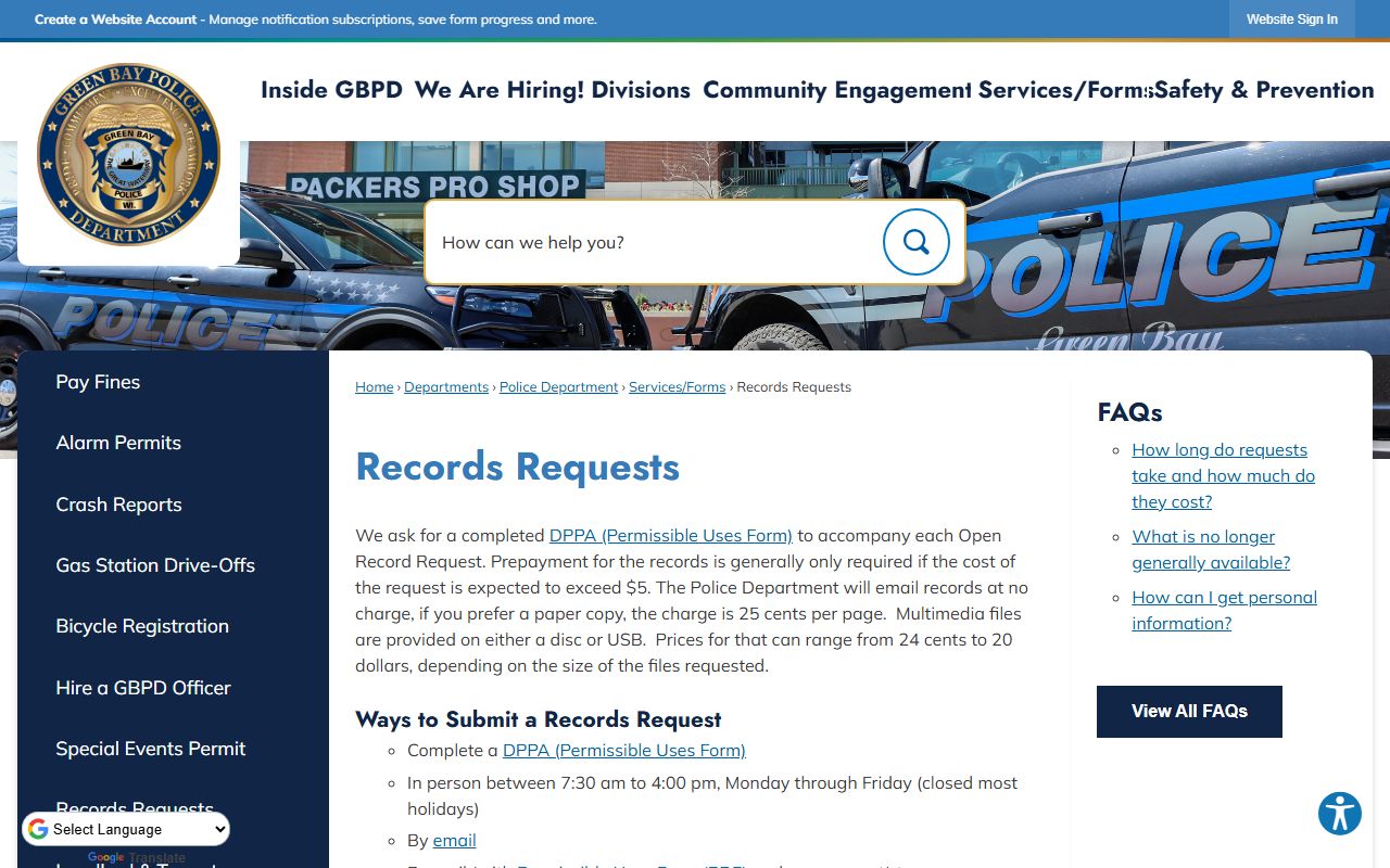 Green Bay Public Records police records