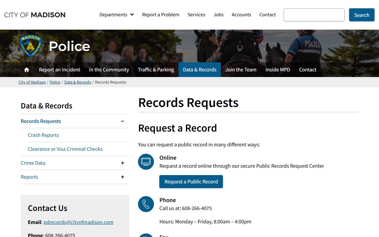 Madison City Public Records police records request page
