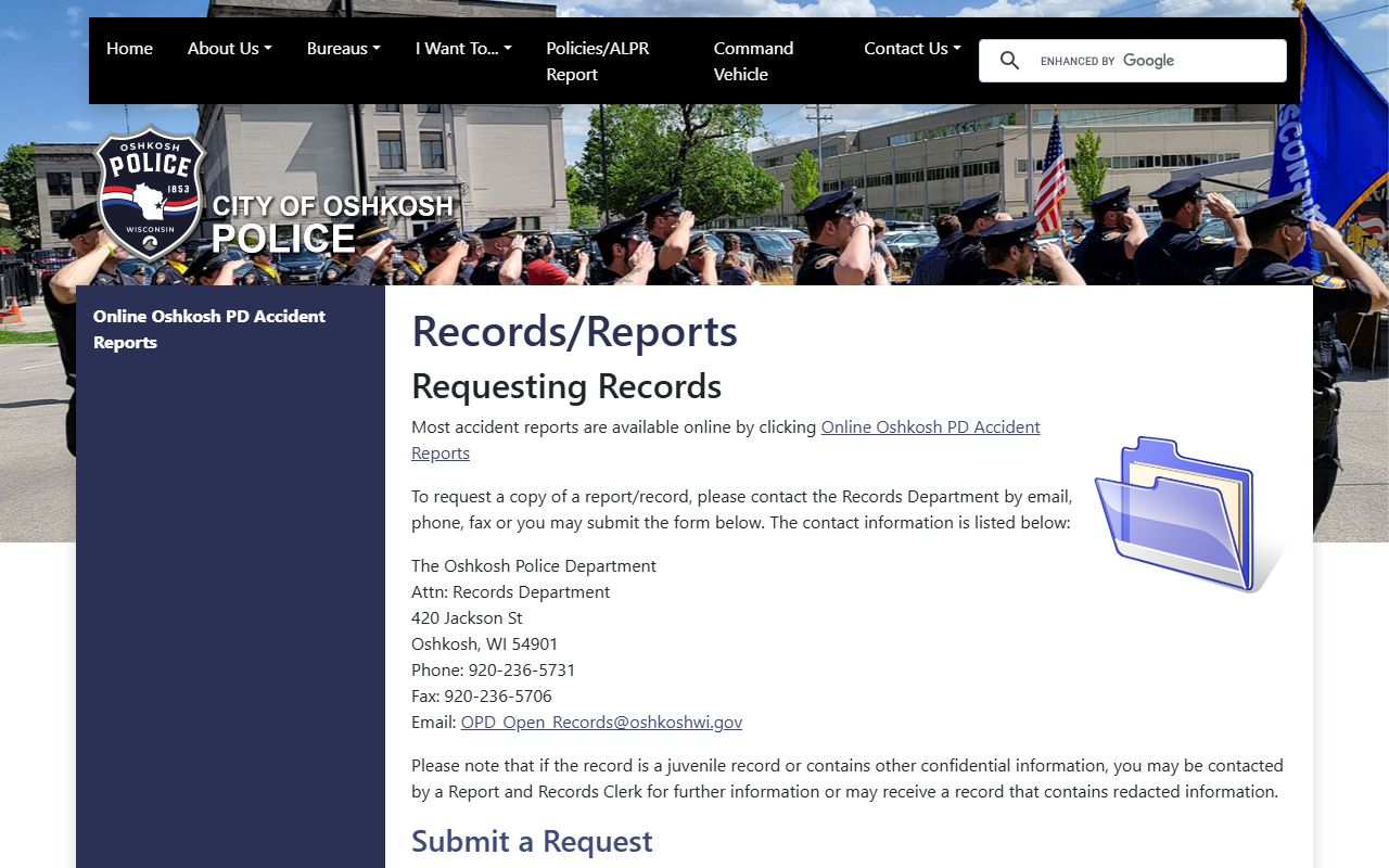 Oshkosh City Public Records police records page