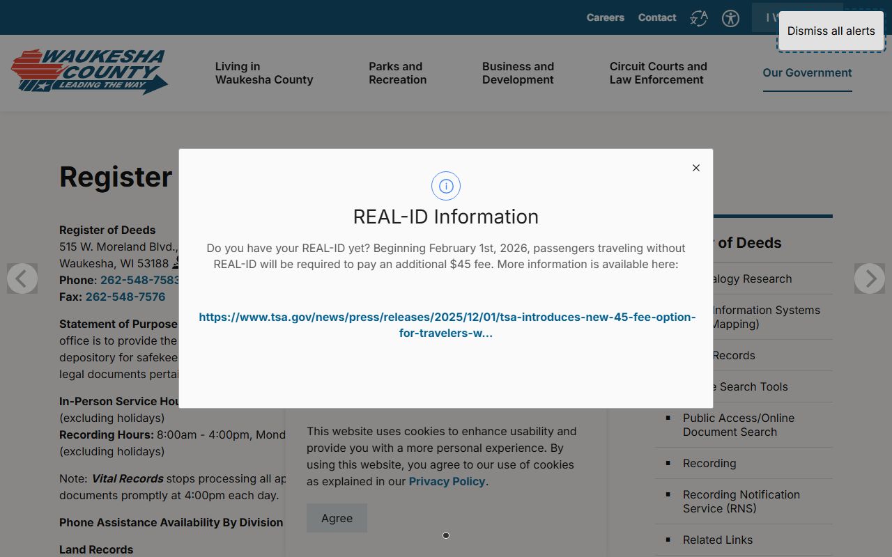 Waukesha County Public Records Register of Deeds page